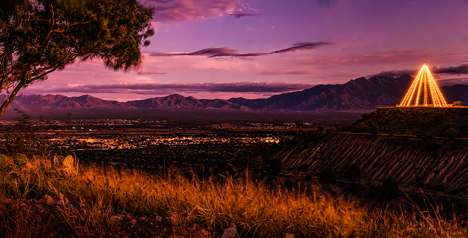 I took this two-frame panorama of the >100' high Christmas Tree overlooking Sahuarita and Green Valley, Arizona. The "tree" is on Freeport-McMoRan Mine property and is owned and maintained by the mine.