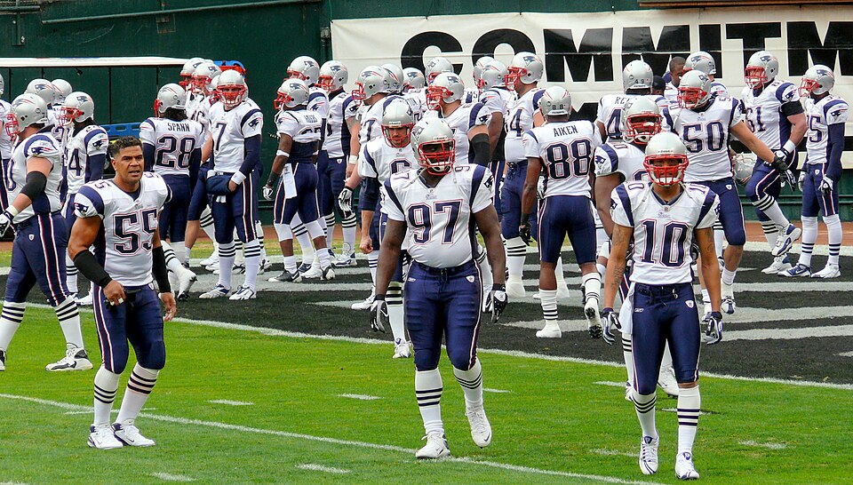 w:New England Patriots players before a game in 2008. (see w:2008 New England Patriots season for roster.)