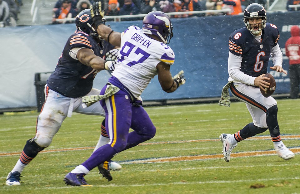 Minnesota Vikings defensive end Everson Griffen while rushes Chicago Bears quarterback Jay Cutler