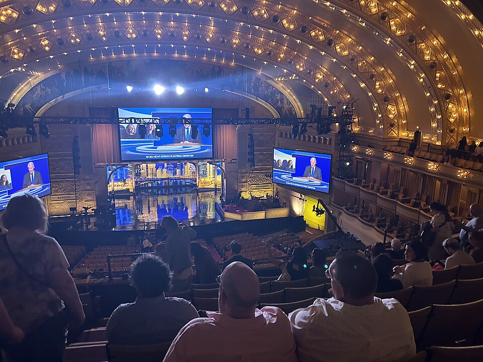Crowd watching night 3 of DNC prior to Late Show With Stephen Colbert taping at Auditorium Theatre