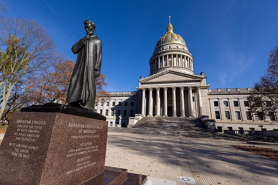 The West Virginia State Capitol building, designed by Cass Gilbert in neoclassical architectural style, built between 1924–1932, located at 1900 Kanawha Boulevard East, Charleston, West Virginia, U.S. Photo taken in November of 2022.
Photo shows Statue of President Abraham Lincoln, entitled "Abraham