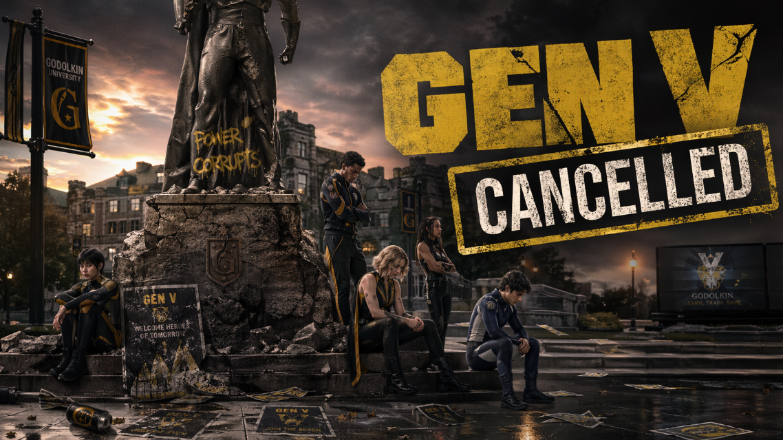 Gen V cancellation poster on a stormy superhero campus