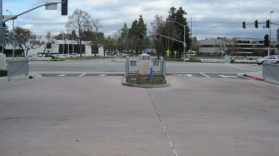 The driveway leading into Intel's global headquarters at 2200 Mission College Boulevard, Santa Clara, California.