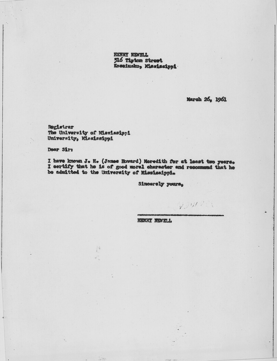 Scope and content:  Letter of recommendation for James Meredith.
General notes:  Kennedy,John F.