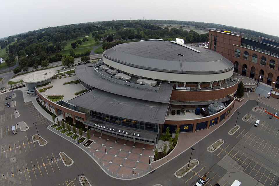 Crisler Center, an arena in Ann Arbor, MI that hosts various Michigan Wolverines athletics events including being the full-time home of men's and women's basketball and women's gymnastics. The arena also hosts period wrestling, men's gymnastics, and women's volleyball events, as well as campus event