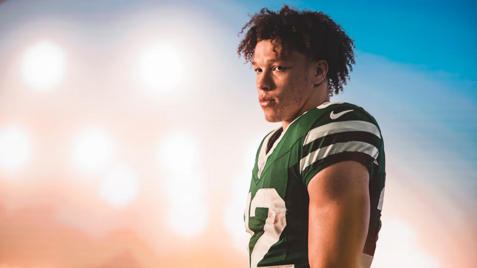 Running back, Isaiah Davis, at the 2025 New York Jets Media Day. Image is a screen shot of Youtube video ~ 01:33.