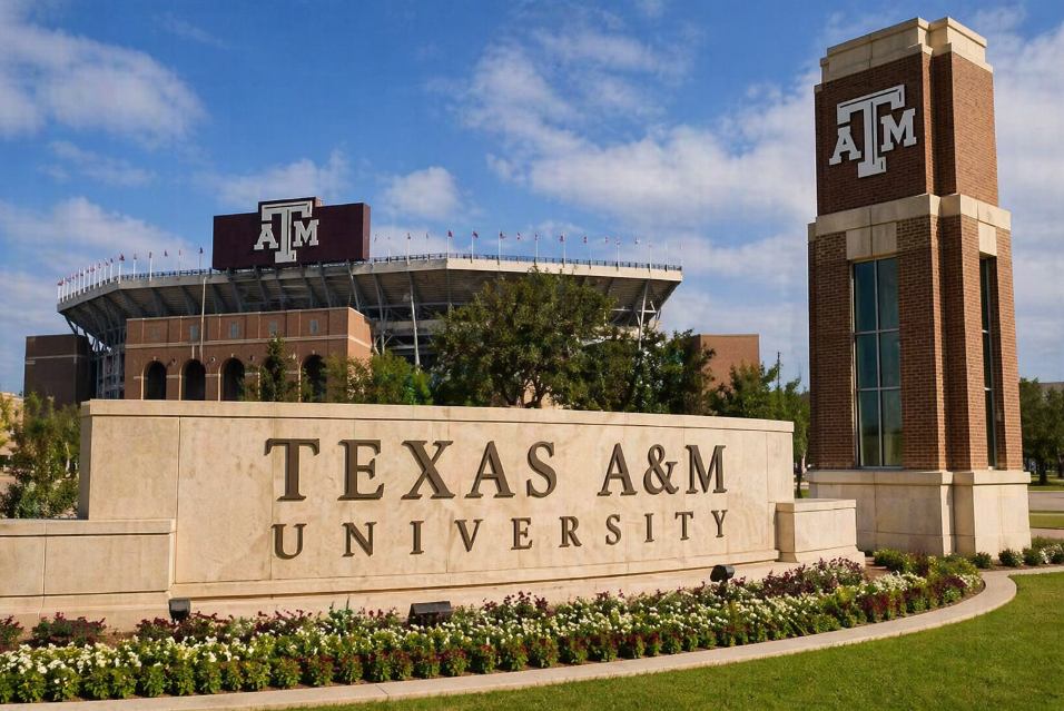 Texas A&M campus entrance with stadium and maroon branding