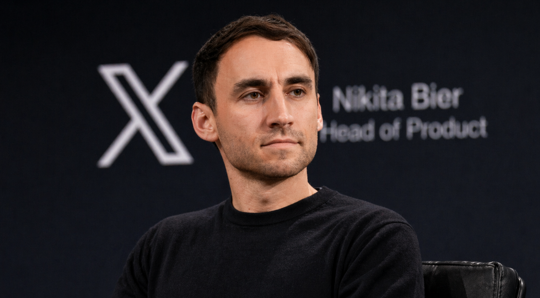 Nikita Bier-style tech leader portrait with X branding