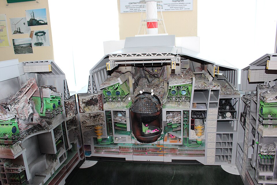 A model of Chernobyl Nuclear Power Plant Reactor 4, on display in the Visitor Centre of the New Safe Confinement building