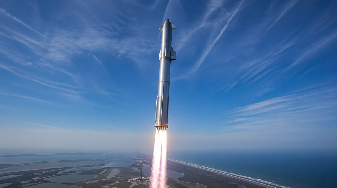 Starship and Super Heavy climb high above the coast after launch