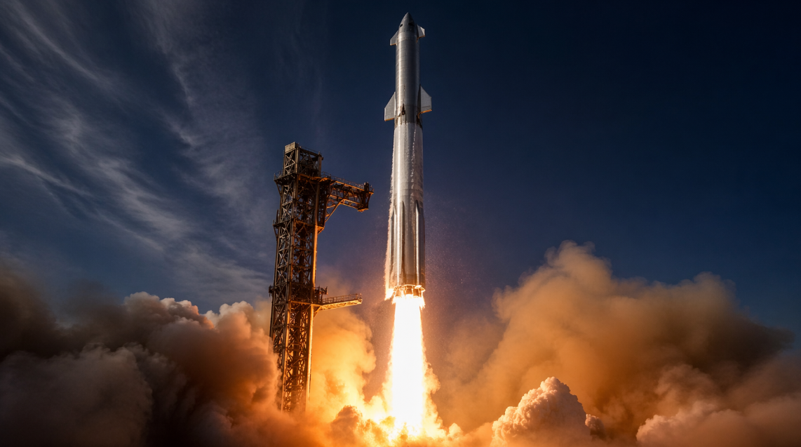 SpaceX Starship launches into the sky on a fiery plume