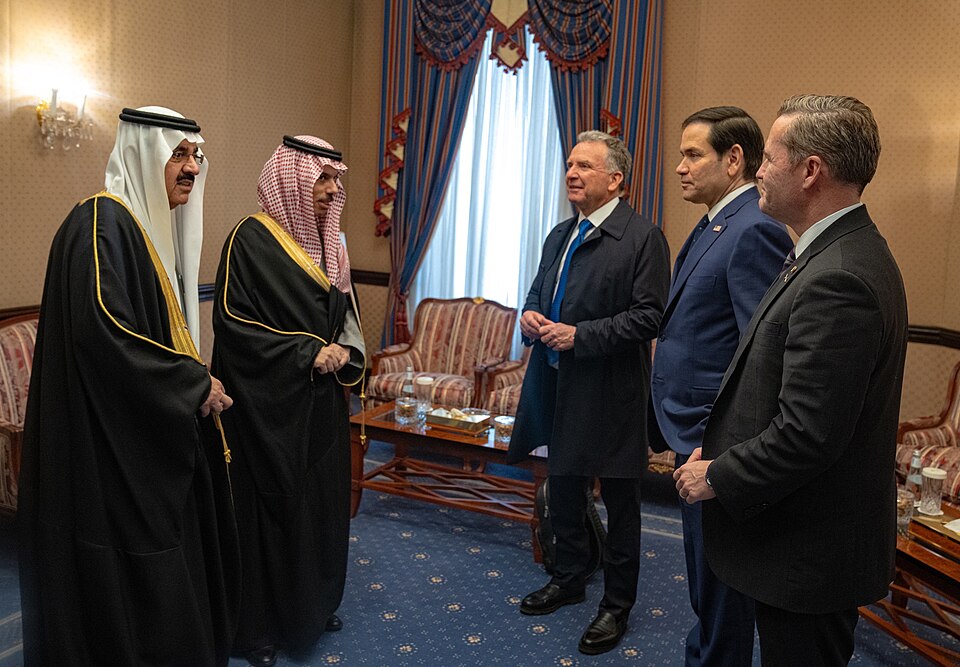 US Secretary of State Marco Rubio, Middle East envoy Steve Witkoff, National Security Advisor Mike Waltz meet with Saudi Arabian FM Prince Faisal bin Farhan al-Saud and National Security Advisor Mosaad bin Mohammad al-Aiban at Diriyah Palace, Riyadh
