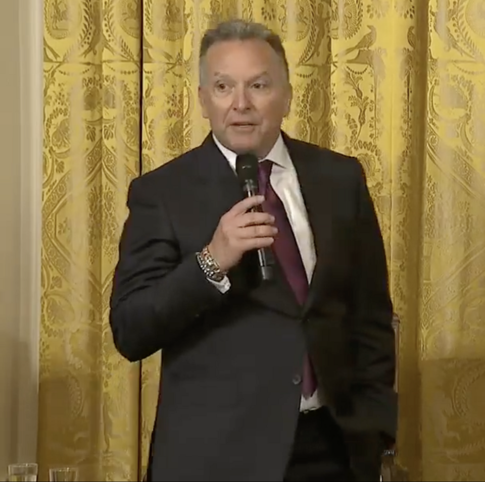A cropped still frame from a video showing Steve Witkoff speaking on stage during a White House Opioids Summit held in the East Room on March 1, 2018