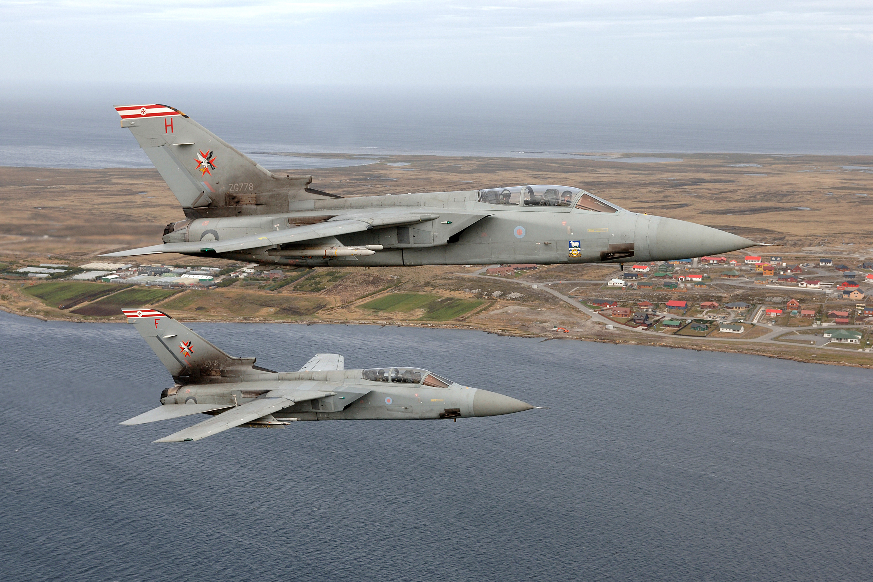 Two Royal Air Force (RAF) Tornado F3 from No. 1435 Flight RAF based at Mount Pleasant Airfield patrolling the skies over the Falkland Islands.