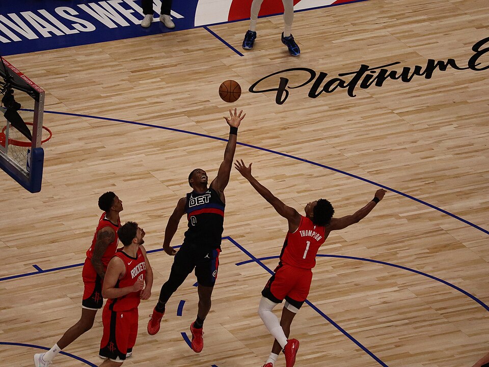 Jalen Duren jumps for rebound against the Houston Rockets on January 23, 2026.