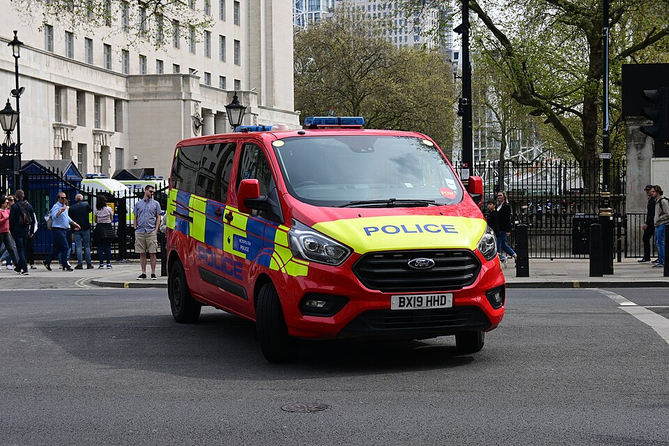 A Metropolitan Police Diplomatic Protection Group (DPG) Ford Transit Custom assigned to the Palace of Westminster (POW) on Whitehall