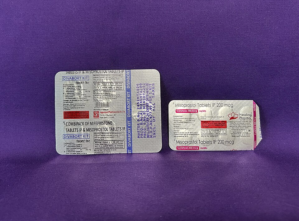 Abortion pill blister packs showing labelling information. One MTP Kit containing one mifepristone and four misoprostol and one blister strip of 8 misoprostol. Generic pills manufactured in India and obtained in the US by mail order.