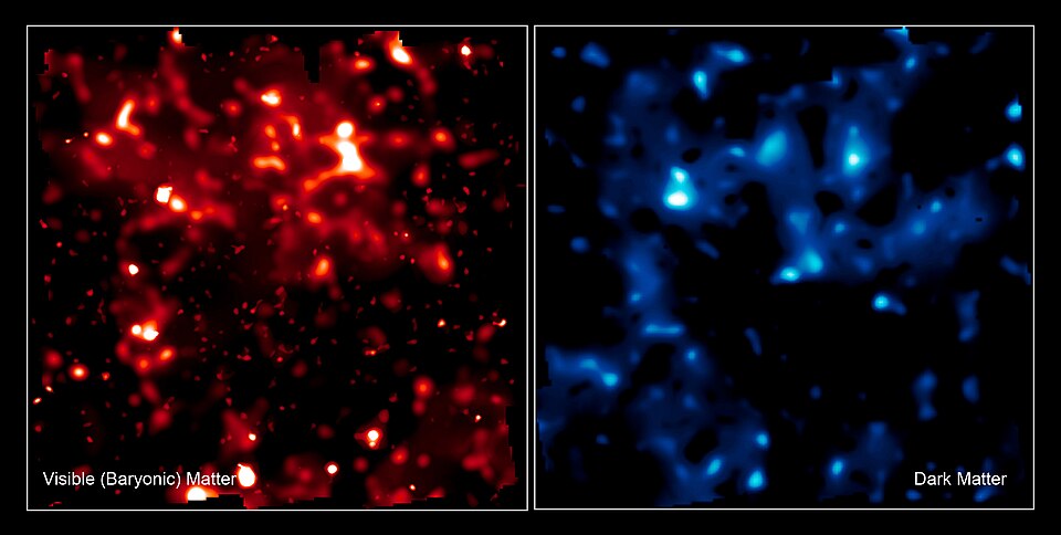 These two false-colour images compare the distribution of normal matter (red, left) with dark matter (blue, right) in the Universe. The brightness of clumps corresponds to the density of mass. The map covers an area of sky nine times the angular diameter of the full Moon, and is the largest sample o
