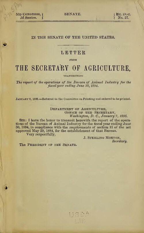 NAL holdings: 1886/87-
November 15, 1934. Mrs. Pipes, Editorial office, Bureau of animal industry. Dear Mrs. Pipes: I find that we have no number of the "Report of operations of the Bureau of animal industry" later than 1908/09. Were any later nos. issued? Or was it considered included in the Annual