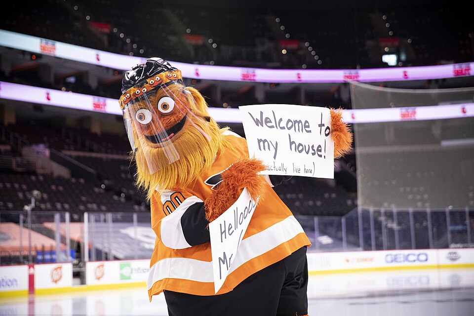 Philadelphia Flyers' mascot Gritty at the press conference.   Governor Tom Wolf today visited the Philadelphia Flyers organization at the Wells Fargo Center in Philadelphia to discuss COVID-19 vaccine efforts in Pennsylvania. The Flyers recently launched a comprehensive COVID-19 vaccine campaign, ‘T