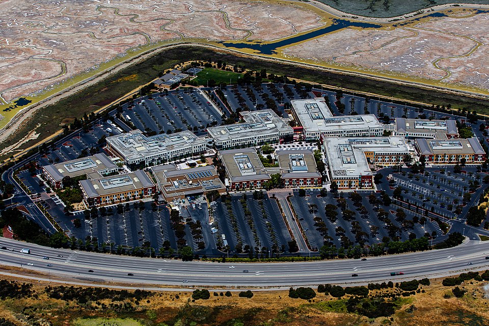 An aerial view of the Menlo Park offices of Facebook, Inc