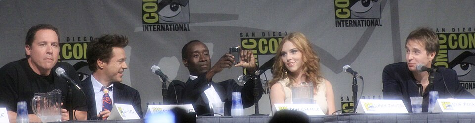 Director Jon Favreau and cast members Robert Downey, Jr., Don Cheadle, Scarlett Johansson and Sam Rockwell promoting the film Iron Man 2 at the 2009 San Deigo Comic-Con International.
