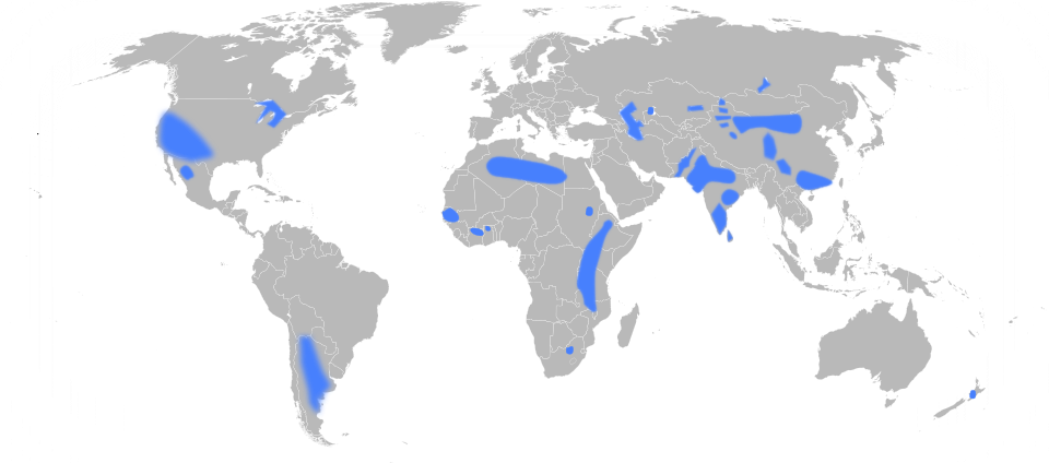 Geographical areas associated with groundwater fluoride concentrations above 1.5 mg/L.