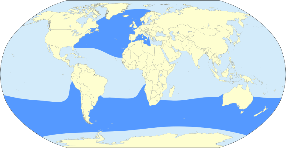 Range map of Long-finned Pilot Whale (Globicephala melas)