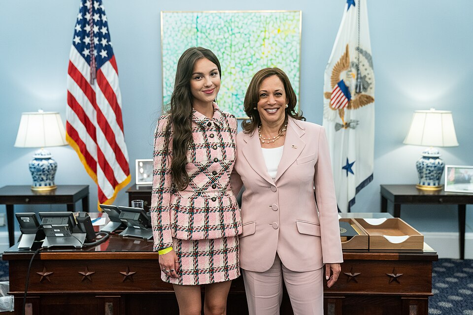 Vice President Kamala Harris poses for photos with singer Olivia Rodrigo Wednesday, July 14, 2021, in the Vice President’s West Wing Office of the White House. (Official White House Photo by Lawrence Jackson)