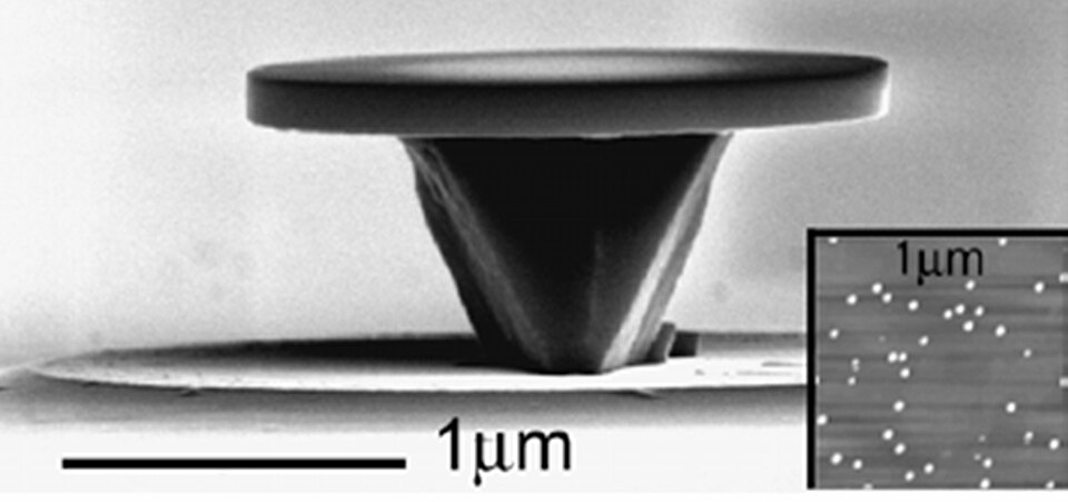 Microdisk lasers used in experiments by NIST, Stanford University and Northwestern University are made by layering indium arsenide on top of gallium arsenide and etching out disks about 1.8 micrometers across on pillars of gallium arsenide. Scanning tunneling microscope image (inset) shows some of t