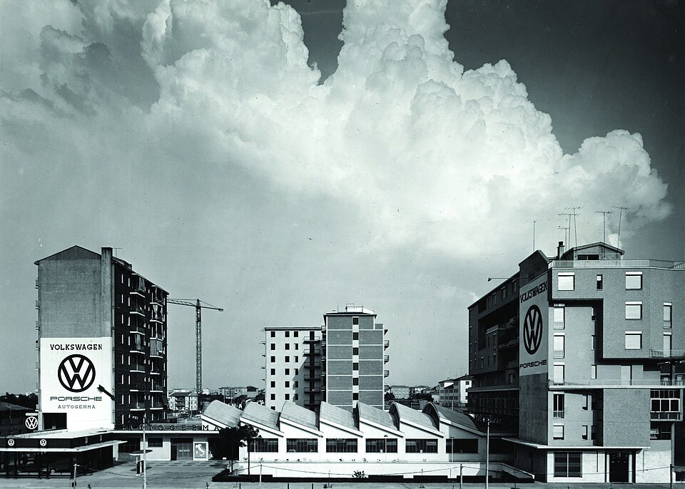 The first headquarters of "Autogerma" ("Volkswagen Group Italia" since 2007) in Bologne, Italy, circa 1950s–70s.