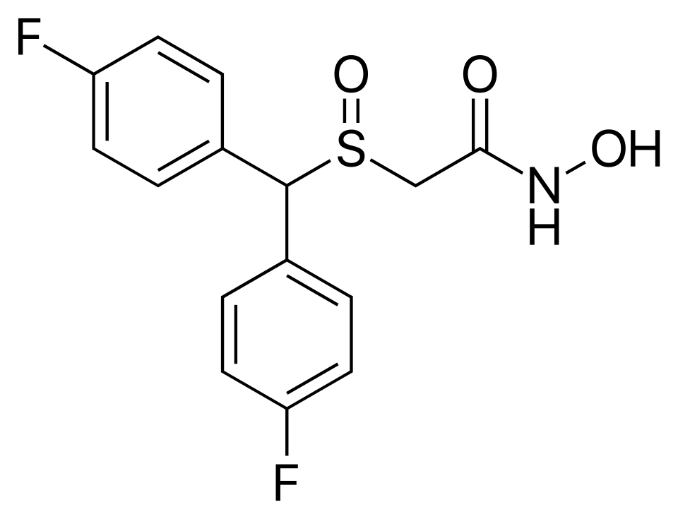 Skeletal formula of CRL-40,941 (also called fluoroadrafinil and fladrafinil) — a fluorinated analog of adrafinil. Created with ChemDoodle 7.0.2 and Adobe Illustrator CC 2015.