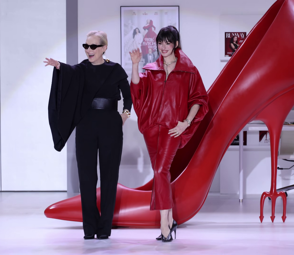 Meryl Streep and Anne Hathaway attend the red carpet event for 'The Devil Wears Prada 2' held at the Times Square Atrium in Yeongdeungpo, Seoul on April 8, 2026