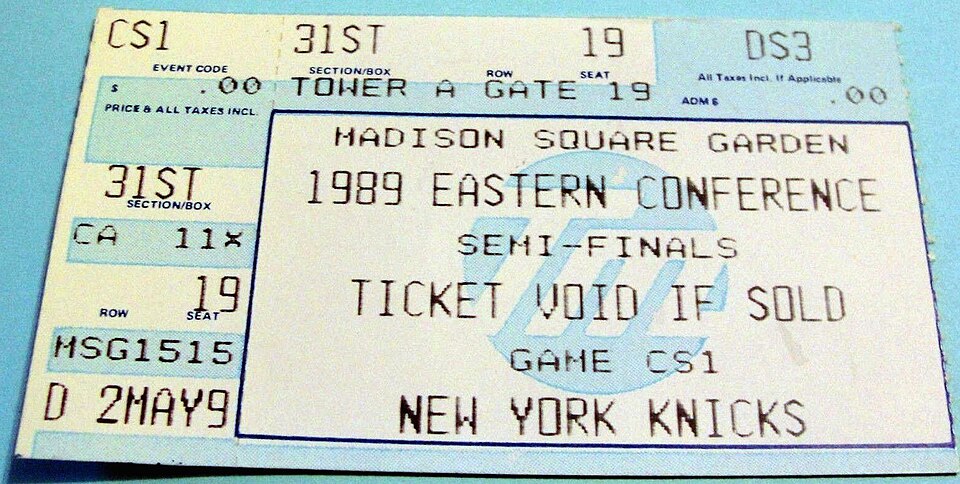 A ticket for Game 1 of the 1989 Eastern Conference Semifinals featuring the Chicago Bulls versus the New York Knicks at Madison Square Garden on May 9, 1989.