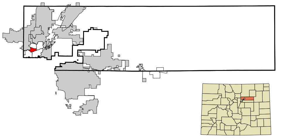 This map shows the incorporated and unincorporated areas in Adams County, Colorado, highlighting Twin Lakes in red.  It was created with a custom script with US Census Bureau data and modified with Inkscape.