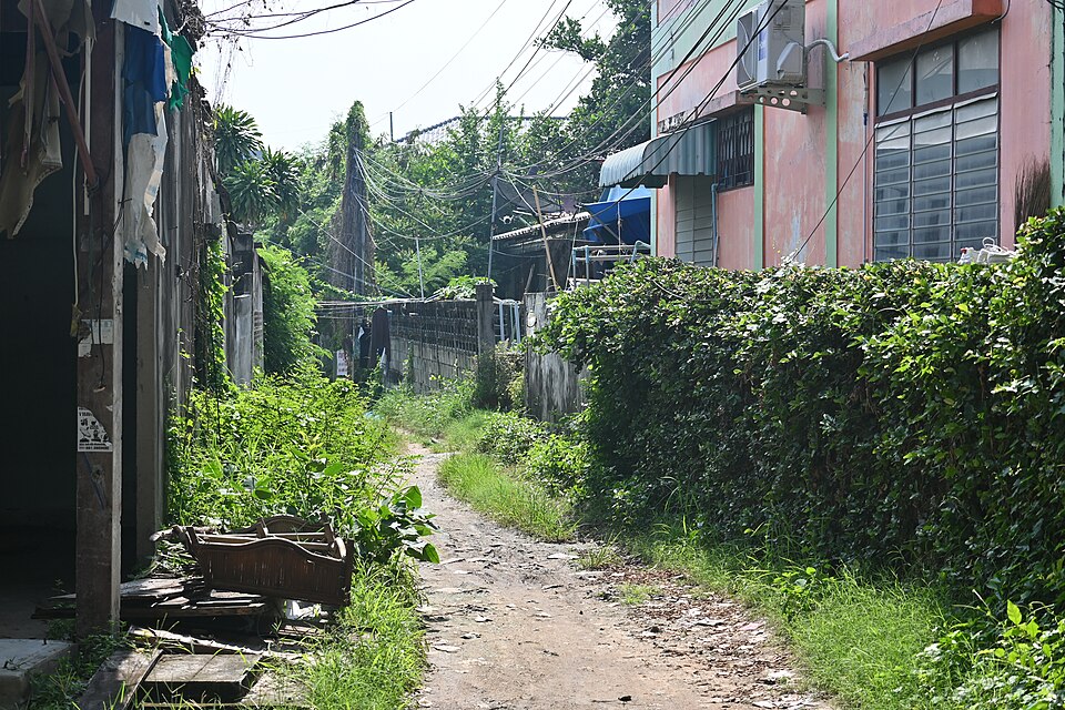 This photo shows a narrow dirt path winding between buildings in what appears to be a semi-urban area. On the right side, there's a pink-colored building with windows and a lush green hedge or row of bushes in front of it. The left side has more modest structures with some items stored outside. The