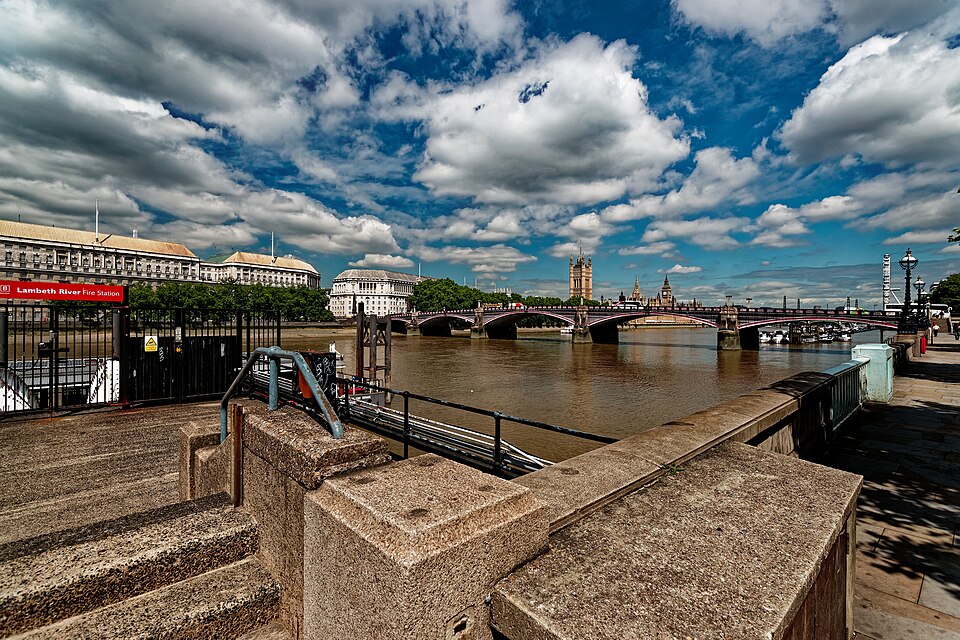 London - Albert Embankment - South Bank - Jubilee Walkway - View NNW along Lambeth Fire Station towards Thames House, Victoria Tower, Big Ben, Lambeth Bridge &amp; London Eye