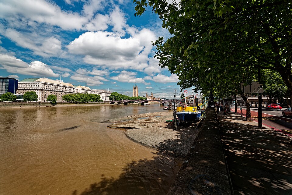 London - Albert Embankment - South Bank - Jubilee Walkway - View NNW towards Victoria Tower, Big Ben, Lambeth Bridge &amp; Lambeth Fire Station - (On the left) Thames House 1929-30 by Sir Frank Baines