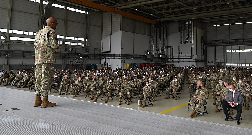 Air Force Chief of Staff Gen. CQ Brown, Jr. answers an Airman’s question during an All Call at Ramstein Air Base, Germany, July 15, 2021. Brown took time to talk with Ramstein Airmen during an installation visit as part of a trip to multiple locations in Europe. He stressed the importance of acceler