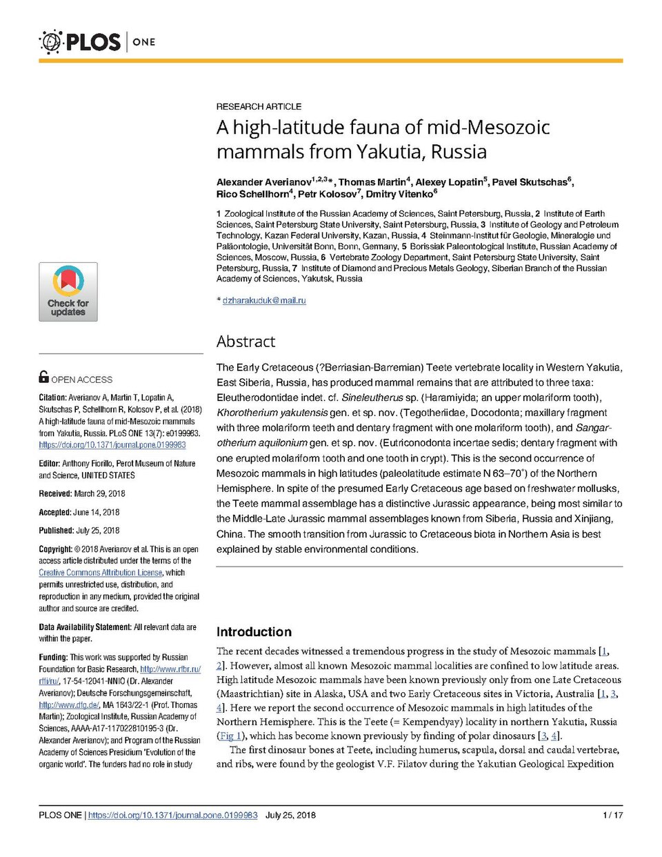Averianov A, Martin T, Lopatin A, Skutschas P, Schellhorn R, et al. (2018) A high-latitude fauna of mid-Mesozoic mammals from Yakutia, Russia. PLOS ONE 13(7): e0199983. https://doi.org/10.1371/journal.pone.0199983
