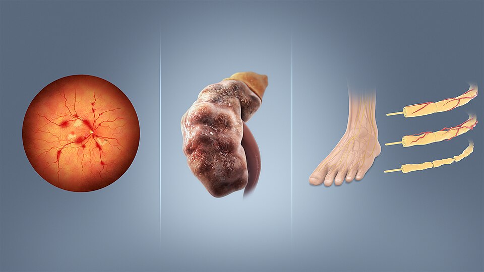 Complications of Diabetes (from LtoR): Retinopathy, Nephropathy and Neuropathy.