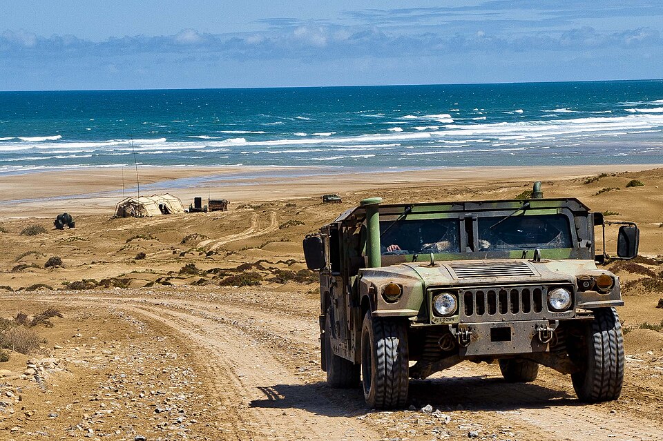 A Humvee assigned to the 24th Marine Expeditionary Unit leaves a camp on the beach at Cap Draa, Morocco, April 12, 2012, during African Lion 2012. African Lion is an annually scheduled joint/combined U.S.-Moroccan exercise sponsored by U.S. Africa Command and designed to promote interoperability and
