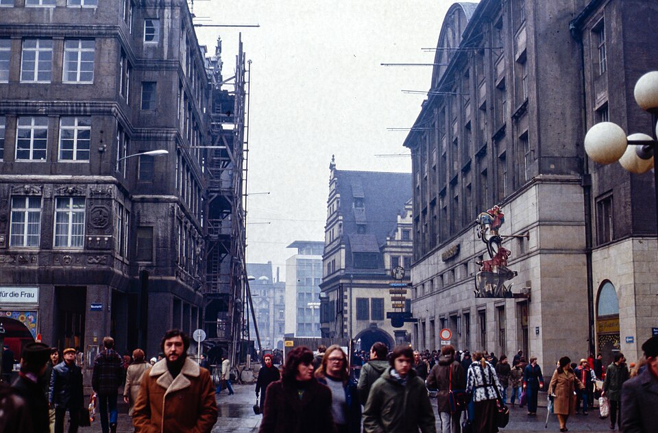 Grimmaische Strasse (left: Neumarkt) in Leipzig, Saxony, Germany, at the time of the GDR