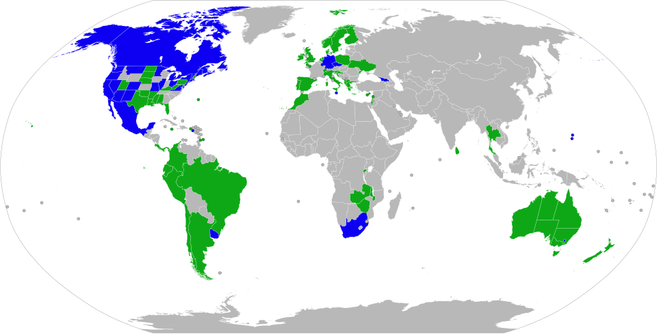 Map showing legal status of medical cannabis across the world.
  Legal as authorized by a physician
  Legal for any use (no prescription required)


Data taken from Wikipedia:Legality of cannabis.  Map does not reflect countries that have approved use of isolated cannabinoid drugs, such as Sativex o