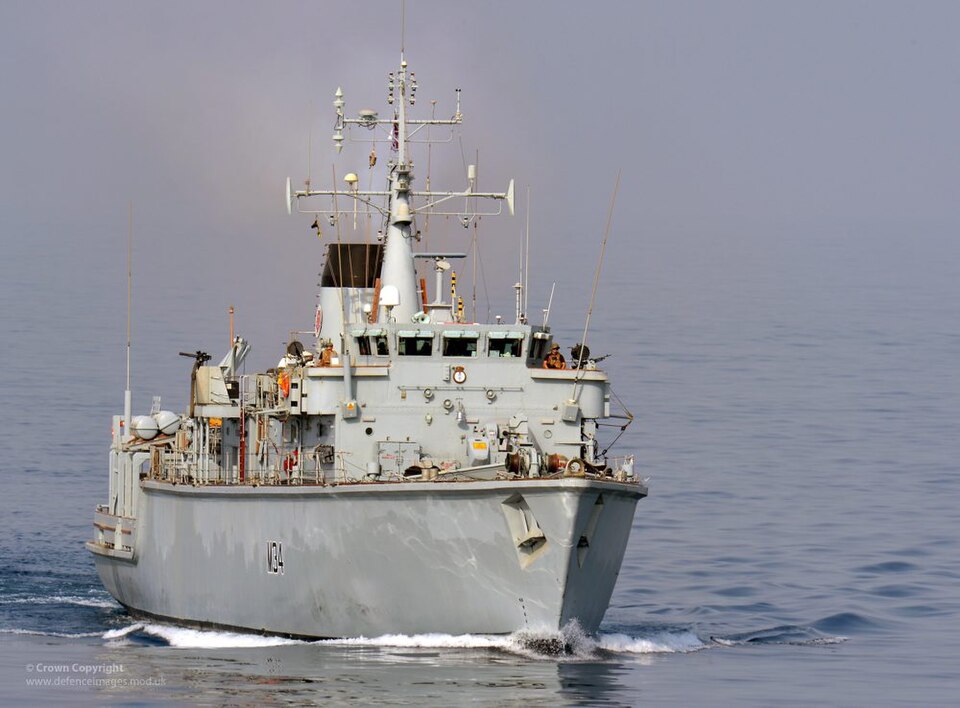 HMS Middleton is pictured transiting the Strait of Hormuz in the Middle East.
HMS Middleton and HMS Pembroke were escorted on their transit through the Strait by the Type 45 Destroyer HMS Diamond.
HMS Middleton, Mine Countermeasures Vessel (MCMV), detects, investigates, and destroys sea-bed threats