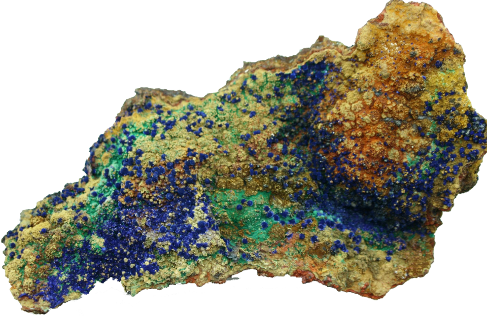 Mineral specimen featuring azurite, malachite, and iron oxides — part of the museum’s mineral collection