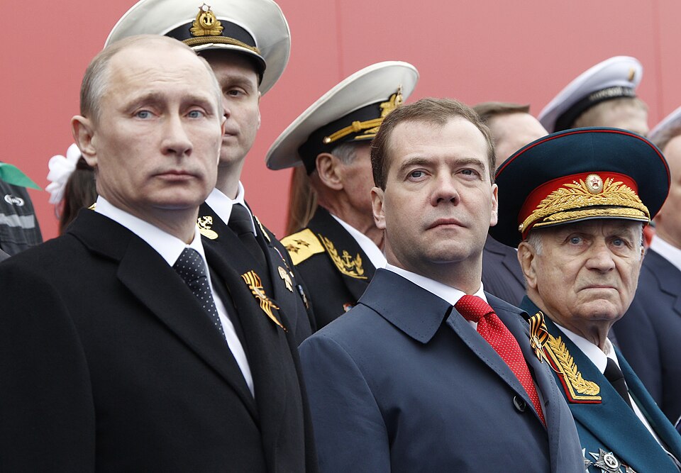 President Vladimir Putin and Prime Minister Dmitry Medvedev at a military parade on Red Square marking the 67th anniversary of Victory in the Great Patriotic War.