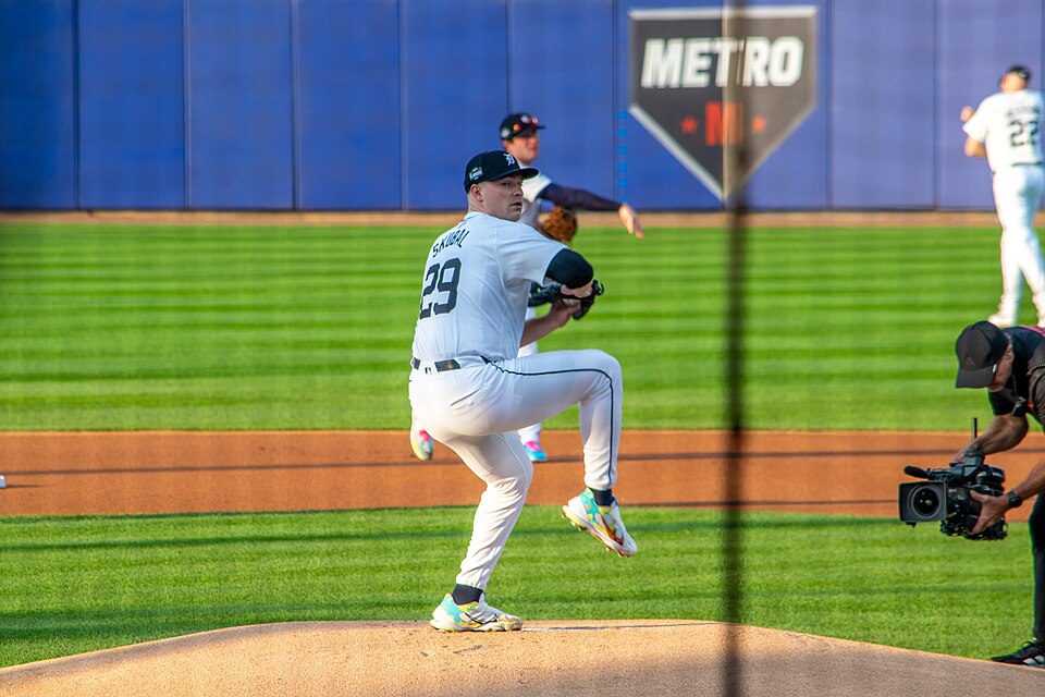 Tarik Skubal pitching for the Detroit Tigers during the 2024 Little League Classic.