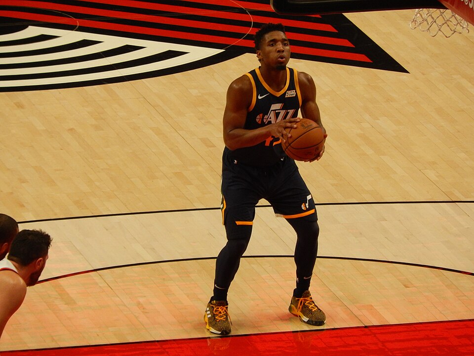 Donovan Mitchell #45 of the Utah Jazz against the Portland Trail Blazers on October 7, 2018 at Moda Center in Portland, Oregon.