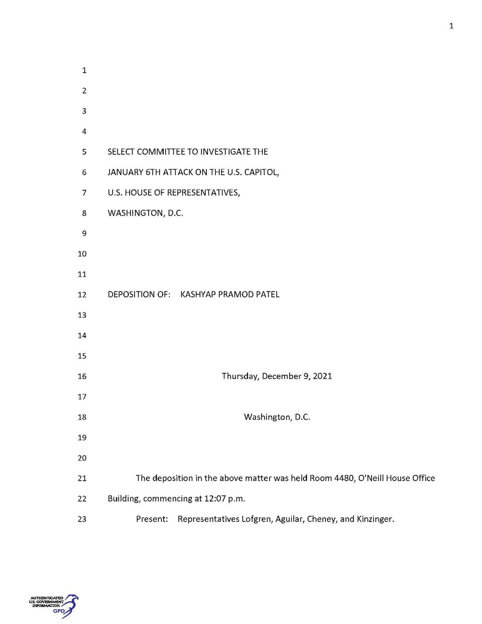 Deposition of Kashyap Pramod Patel, (December 9, 2021) for the United States House Select Committee on the January 6 Attack.